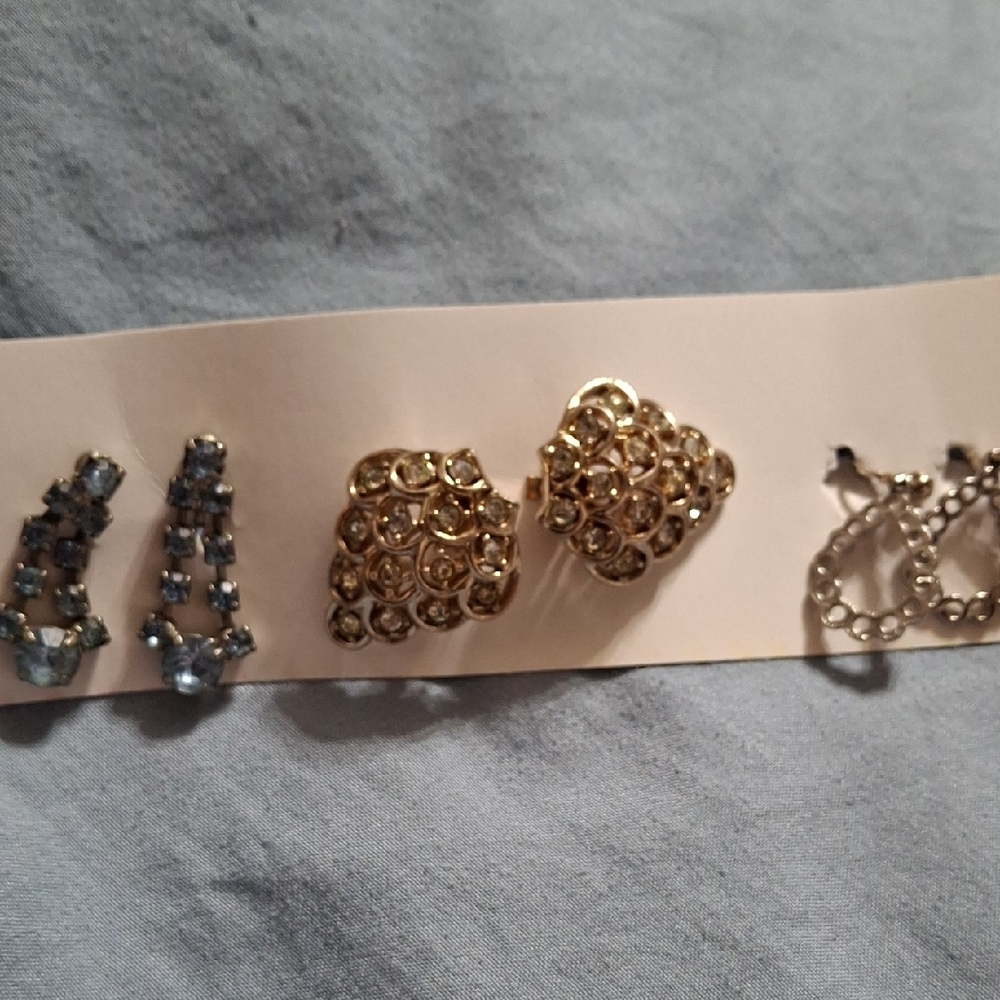 Vintage Clip On Gold and Silver Women's Earrings Set Of 3 (Ear062)